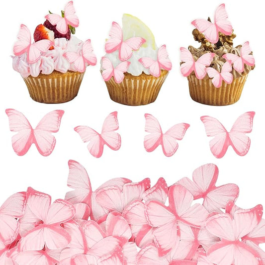 60PCS Wafer Paper Butterflies Cupcake Toppers, Pink Edible Butterflies for Cake Decorating, Edible Cupcake Decorations for Birthday Cake Decorations Anniversary Wedding Baby Shower