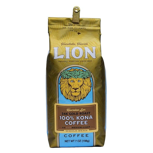 Lion Coffee 24K Gold Roast 100% Kona Whole Bean Coffee, Medium-Light Roast, A Taste of Aloha - 7 Ounce Bag