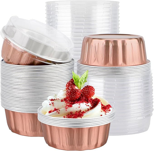 EUSOAR Cake Transport Container, 50pcs 9oz Rose Gold Foil Ramekins Disposable Oven Safe, Dessert Cups with Lids Bakery Cheesecakes Muffins Pie Round Holders for Wedding Birthday Theme Party