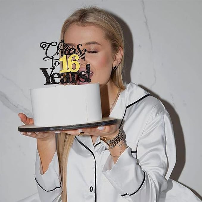 Rsstarxi 1 Pack Cheers to 16 Years Cake Topper Glitter Sixteen Years Old 16th Birthday Cake Pick 16 Fabulous Cake Decorations for Happy 16th Birthday Wedding Anniversary Party Supplies Black