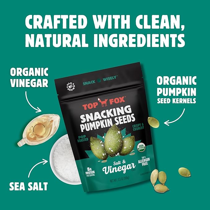 Top Fox Snacks Pumpkin Seeds to Eat (Salt & Vinegar, 3.5 oz – 6 Pack) - Gluten Free Snacks, Healthy Protein Snacks, Keto Friendly Snacks, Allergen Free Snacks, Paleo & Vegan - Organic Pop-Roasted