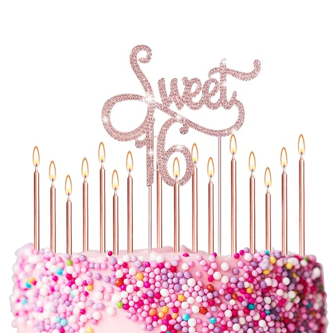 Tondiamo Sweet 16 Birthday Decorations Rhinestone Sweet 16 Cake Toppers 20 Pcs Metallic Happy Birthday Candles 16 Cake Decorations for Cupcake Decor(Pink)