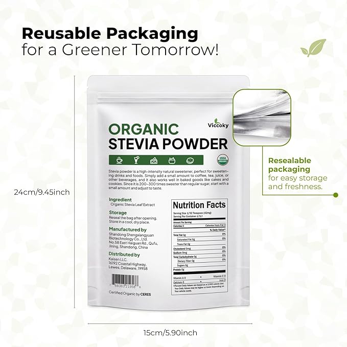 Viccoky Organic Stevia Powder, Pure Stevia Extract Powder, Sugar-Free & 0 Calories, No Additives