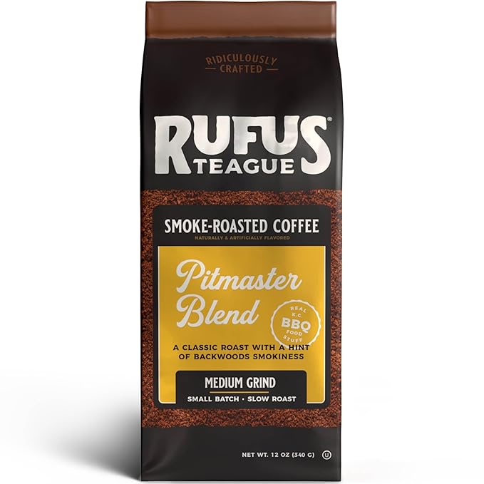 Rufus Teague Pitmaster Blend Ground Coffee, Gourmet Fresh Dark Roasted Coffee, Smoke Roasted Java, Medium Grind, 12 oz Bag