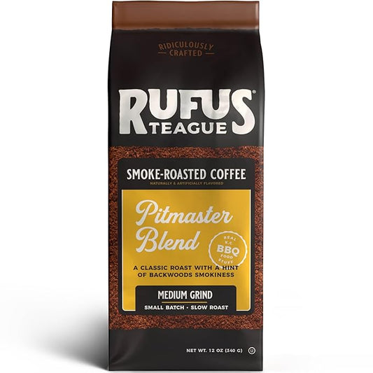 Rufus Teague Pitmaster Blend Ground Coffee, Gourmet Fresh Dark Roasted Coffee, Smoke Roasted Java, Medium Grind, 12 oz Bag