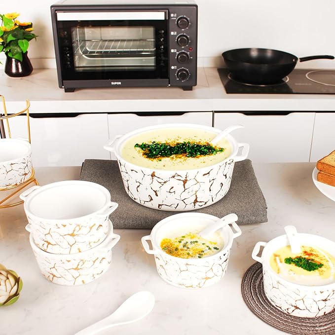 Ceramic Casserole Dish set with rack and Glass Lid, 1 large spoon, 6 small spoons, 6 soup cups - 2.2Qt Serving Soup Tureen with Handle, Serving Tureen for Restaurant Home Kitchen Decoration