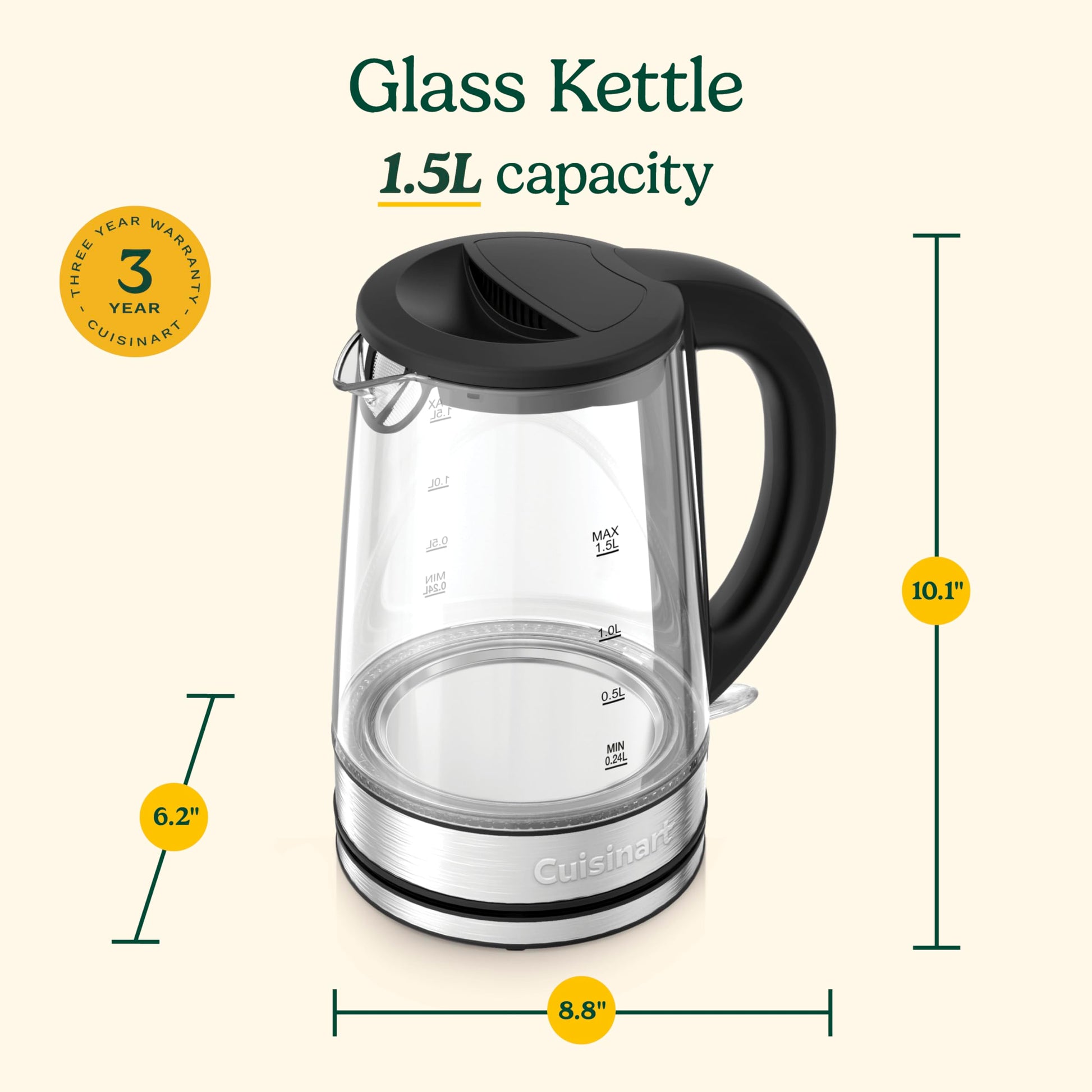 Cuisinart 1.5L Glass Kettle, Illumination, BPA-Free, Easy-Pour Nondrip Spout, Hinged Lid Opening