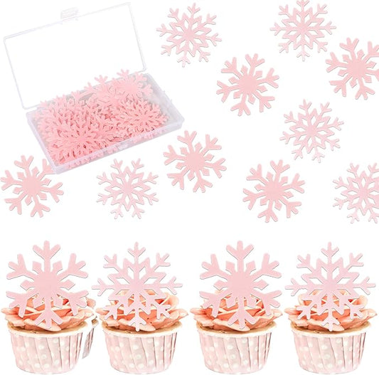 60 PCS Edible Snowflake Cupcake Toppers Wafer Paper Snowflake Cake Decorations Edible Snowflake Cupcake Picks Topper for Christmas Winter Frozen Theme Baby Shower Birthday Party Decor Supplies Pink