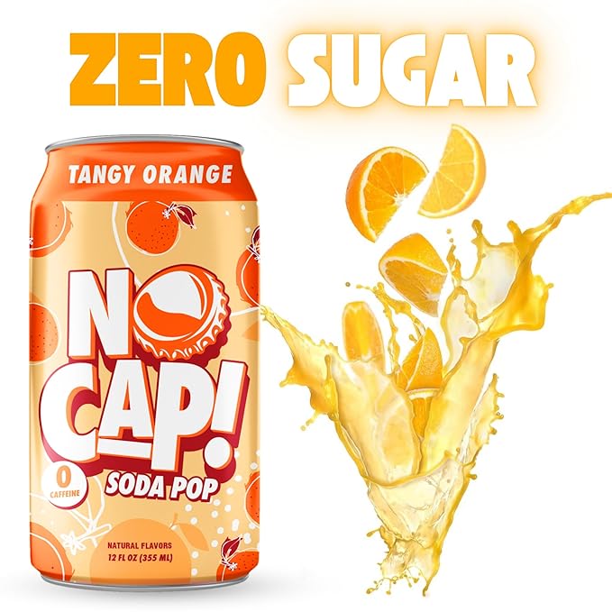 No Cap! Healthy Soda, Zero Sugar Soda Pop Drink, Zero Calories | Caffeine Free, Vegan, Gluten Free, For Kids & Adults 12 Oz, 12 Pack (Tangy Orange)