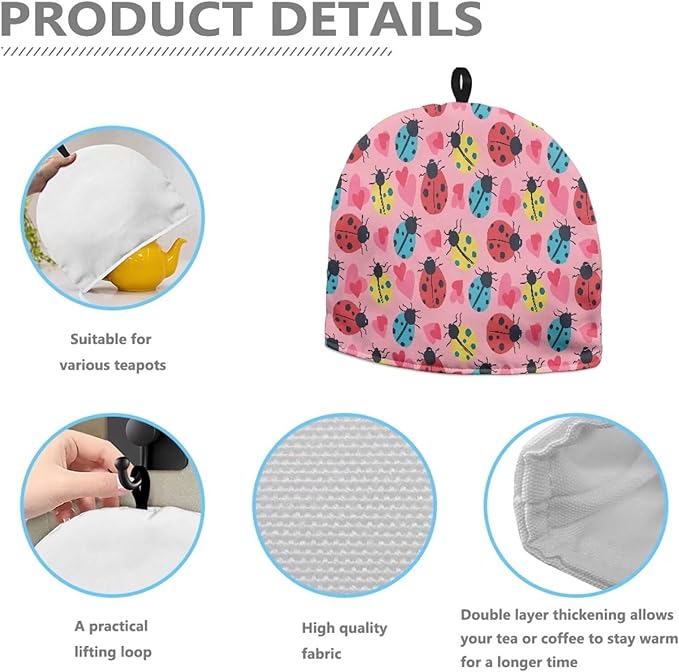 Happy Valentine's Day Tea Cozy for Teapot Love Ladybug Kitchen Teapot Dust Cover for Home Decorative Easy to Install Tea Pot Cozy for Party Accessories Gift for Wife