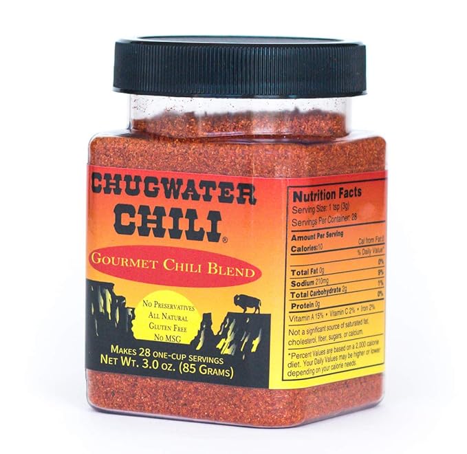 Chugwater Chili | Gourmet Chili Seasoning Mix & Taco Seasoning | 3oz Tub | Wyoming State Championship Chili Recipe | Secret Blend 12 Spices | All Natural, Gluten Free, No MSG & No Preservatives.