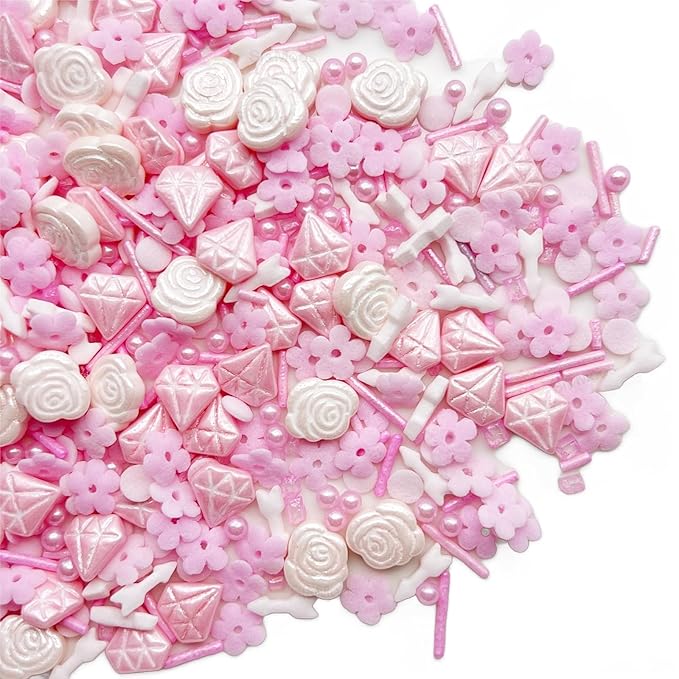 SE Si&Moos Pink Sprinkles Edible Pink Flowers for Cake Decorating Spring Sprinkles Cake Sugar Pearls Edible Icing Flowers Rose and Diamond Candy for Decorating Cake,Cupcake,Ice Cream,Donuts and Lollipops 3 OZ