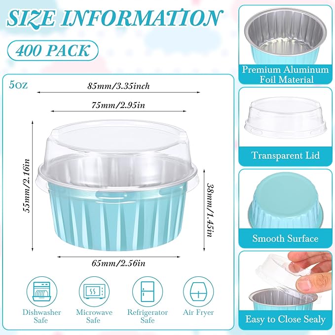 Gejoy 400 Pcs Aluminum Foil Baking Cups with Lids 5 oz Disposable Ramekins Mini Cake Pans Creme Brulee Cupcake Liners Muffin Tins Flan Mold Dessert Container for Wedding(Blue,Classic)