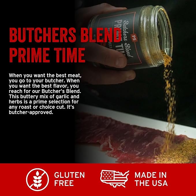 PS Seasoning Prime Time Butchers Blend - Buttery Garlic and Herb BBQ Seasoning & Beef Rub for Smoking, Grilling or Baking - Dry BBQ Rubs and Spices for Grilling Steaks, Pork, Chicken, Beef Prime Cuts