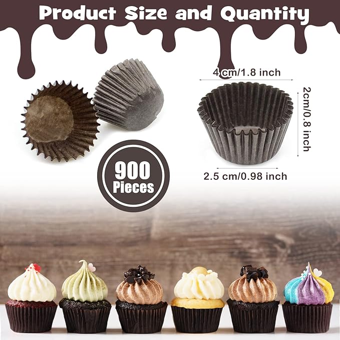 Dreamtop 900 Pieces Mini Cupcake Liners, Brown Mini Muffin Liners Baking Cups Liners for Baking Chocolate Baking Paper Cups Cupcake Wrappers