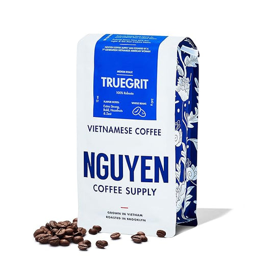 Nguyen Coffee Supply - Truegrit Robusta: Medium Roast Premium Whole Coffee Beans, Vietnamese Single Origin, Direct Trade, Low Acid with High Caffeine Content, Roasted in Brooklyn [12 oz Bag]