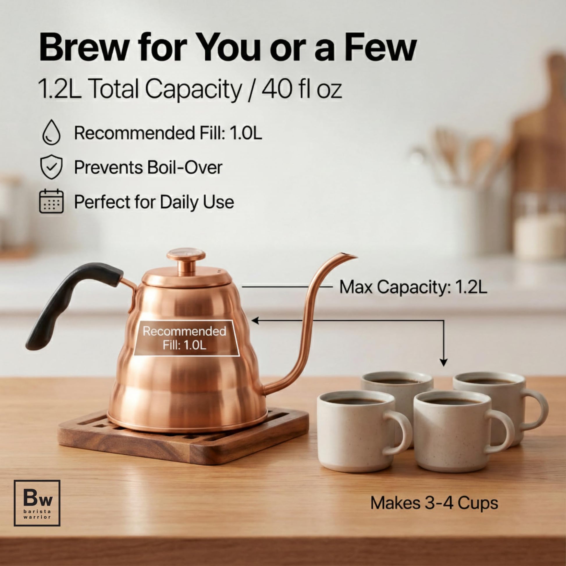 Barista Warrior Gooseneck Kettle with Thermometer - 1.2L Pour Over Coffee & Tea Kettle, Copper
