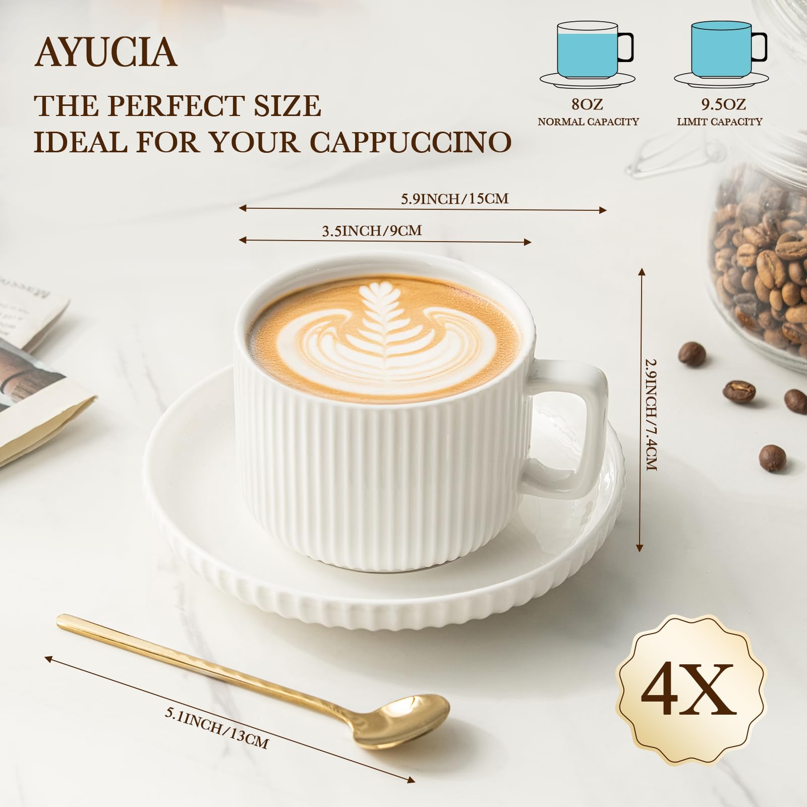 AYUCIA 8 Ounce Cappuccino Cups Set of 4, Latte Mugs with Saucers and Spoons, White Cream Ceramic