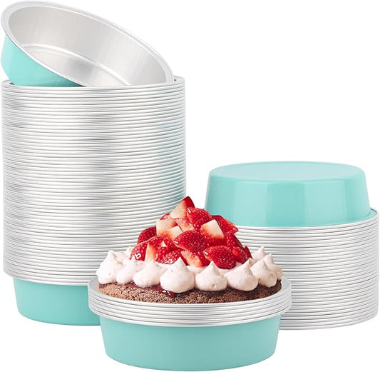 Beasea 4 Inch Aluminum Ramekins, 100 Pack 7.3oz 215ml Mini Disposable Baking Foil Cups No Lids Ramekin Cup Cupcake Aluminum Baking Cups for Party - Lake Blue
