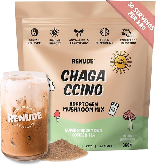 Renude Chagaccino - Chaga Mushroom Powder, Mushroom Coffee Drink Mix with Adaptogens, Natural