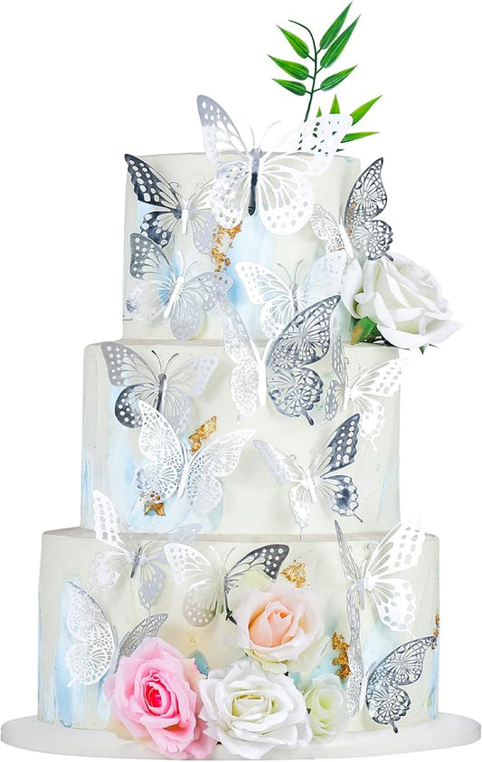 Gyufise 36 Pack Silver Glitter 3D Butterfly Cupcake Toppers Hollow Cake Decorations for Birthday Wedding Fairy Party Wall Sticker Decal
