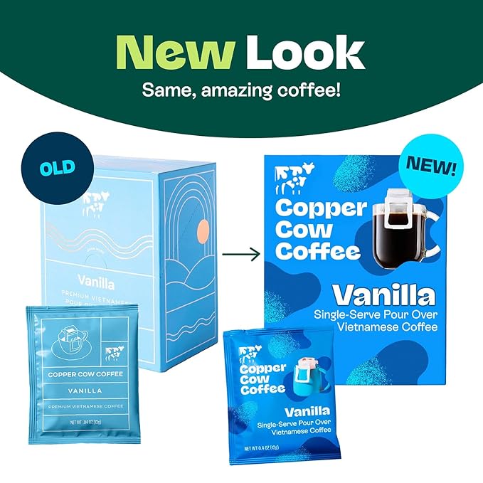 Copper Cow Premium Pour Over Single-Serve Vietnamese Coffee | Vanilla | Dark Roast | Flavored with Vanilla Beans | Includes 8 Coffees