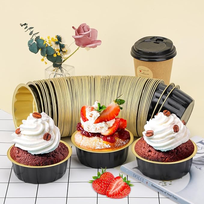 Beasea Disposable Aluminum Ramekins, 8oz 200 Pack Ramekins Foil Cups Baking 3.9" Ramekin Cup Cupcake Aluminum Mini Baking Cups for Party - Black Gold