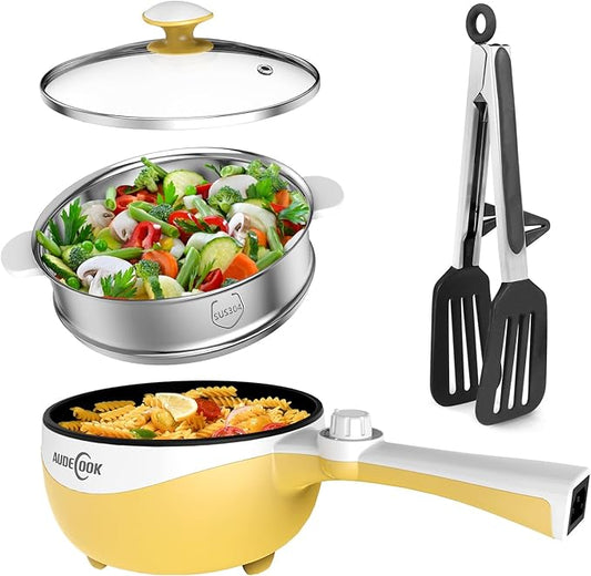 Audecook Hot Pot Electric with Steamer, 1.7L Mini Electric Skillet Portable Nonstick Saut챕 Pan with Power Adjustment, Rapid Noodles Cooker Travel Multicooker for Steak/Soup/Egg/Oatmeal/Noodles