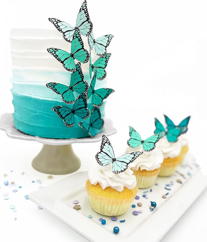 Sugar Robot Edible Butterflies for Cake Decorating- Ombre Monarch Butterfly- Cake Toppers and Cupcake Toppers - Decoration Made in the USA - Premium Crafted (Turquoise)