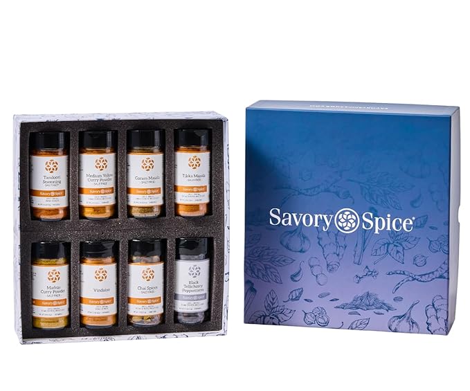 Savory Spice Indian Spice Collection - Gift Set of Indian Spices and Seasonings with Curries, Masalas, and Flavors from India - Vegan, Gluten-Free, No MSG (8-Jar Box)