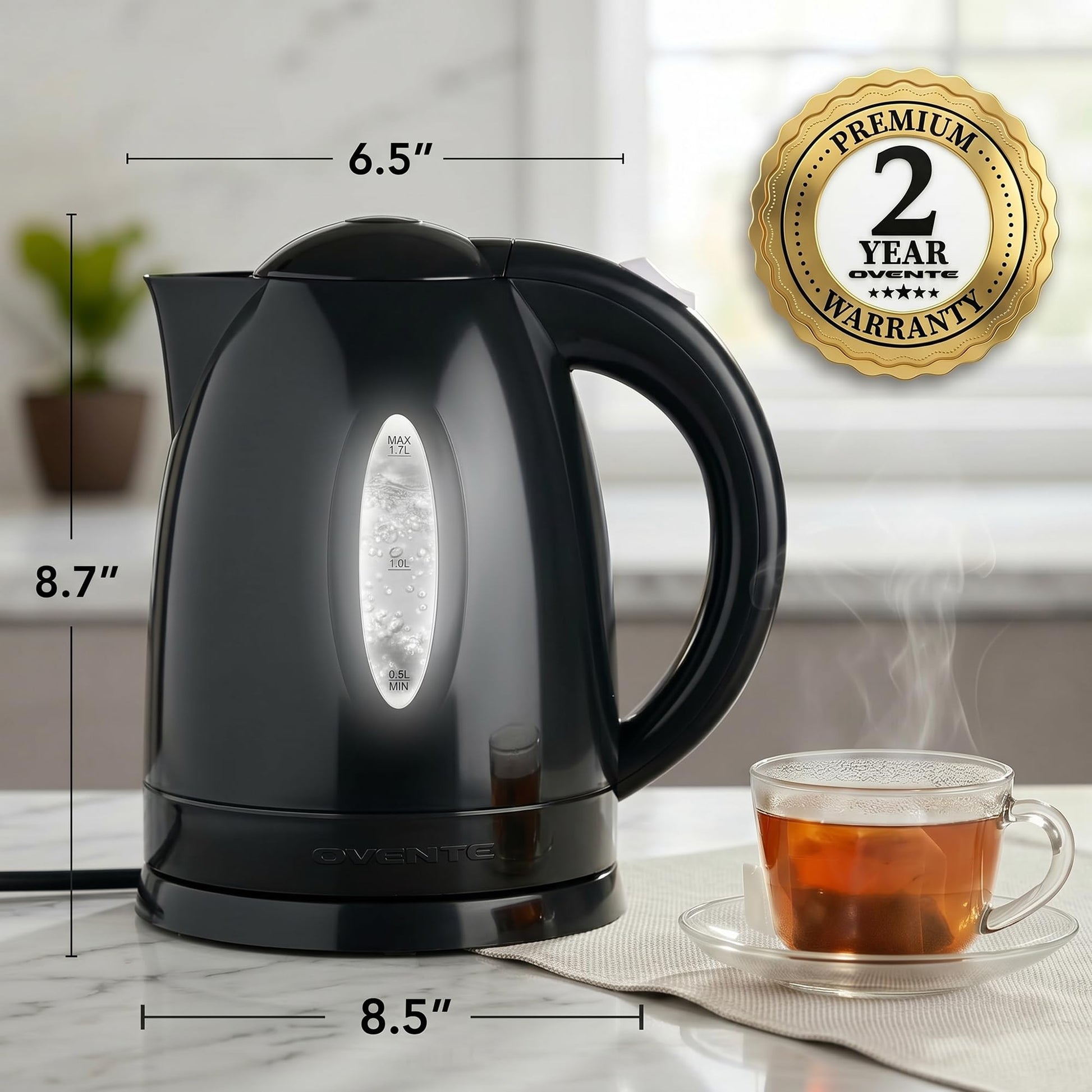 OVENTE 1.7L Electric Kettle with 1100W Fast Boiling Water, Black KP72B