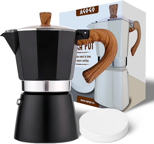 AGOGO Milano Moka Pot, Stovetop Espresso Maker, Greca, Coffee Percolator, Turkish Coffee Maker with Paper Filter 6 Cup Black