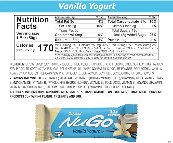 NuGo Protein Bar, NEW! Dulce De Leche 15 bars & Vanilla 15 bars, 11-15g Protein, Gluten Free, 30 Count