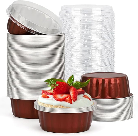Beasea Disposable Ramekins for Baking, 8oz 100 Pack Aluminum Foil Cups with Lids, Creme Brulee Muffin Cupcake Baking Cup Mini Pudding Cups for Party Wedding Birthday - Wine Red