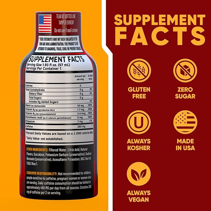 B12 Overload Extra Strength Energy Shot ??Pomegranate ??260mg Caffeine, 14000% B12, Electrolytes ??Energy & Vitality Support ??Zero Sugar No Calories ??Vegan, Kosher, Gluten-Free ??1.93 fl oz, 8-Pack