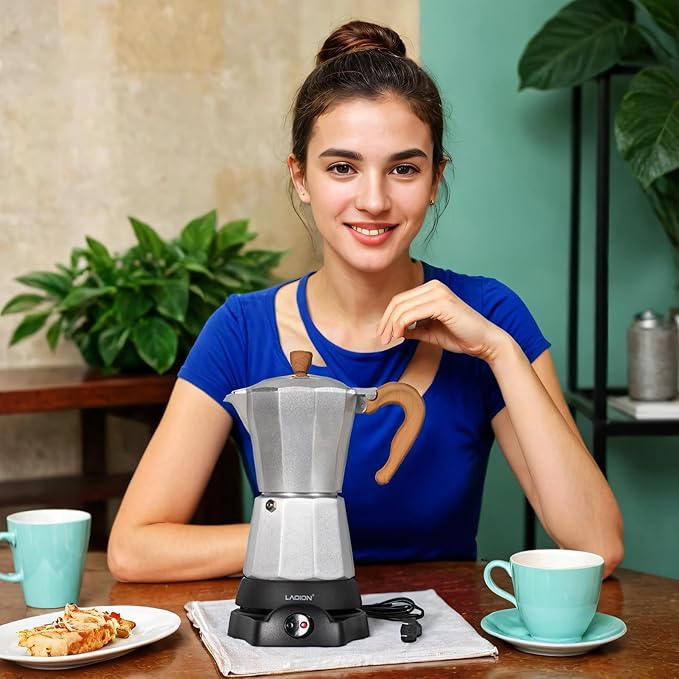 Cafeteras Electricas Modernas,6 Cup Portable Espresso Maker,300ml Moka Pot with Detachable Base & Overheat Protection, Great for Home竊똎ffice, or Travel, a Thoughtful Gift for Coffee Lovers