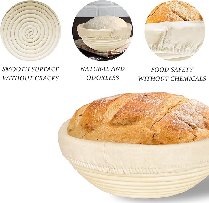 Banneton Bread Proofing Basket: 2-Pack Handcrafted Natural Rattan 9" Round with Breathable Linen Liner - Sourdough Dough Rising Tools for Handmade Baker's