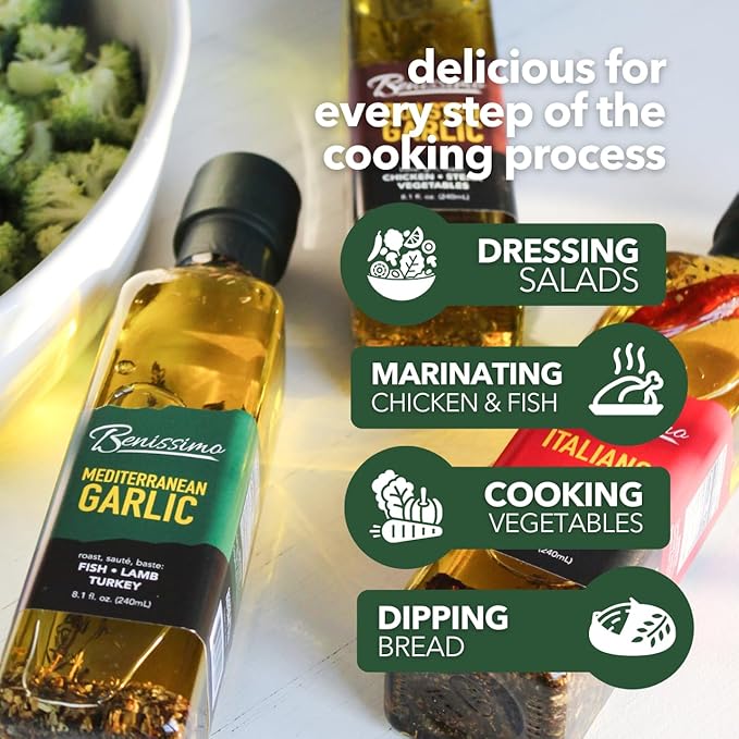 Benissimo Mediterranean Garlic Infused Oil, All Natural Gourmet Cooking Oil with Fragrant Mediterranean Herb Blend, Ideal for Dipping, Sautéing, Drizzling, 8.1 fl oz