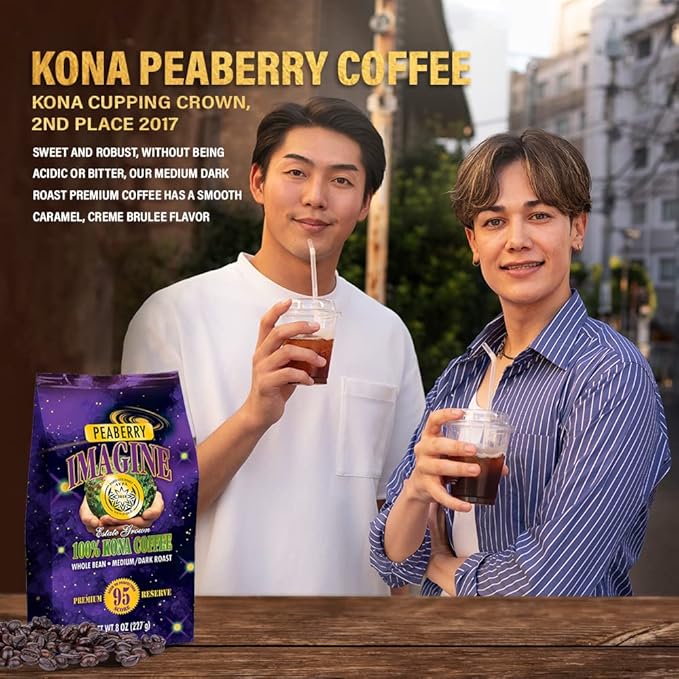 Imagine Kona Peaberry Rare Coffee Beans | Top Grade Air Roasted | Medium Dark Roast - 8 ounce