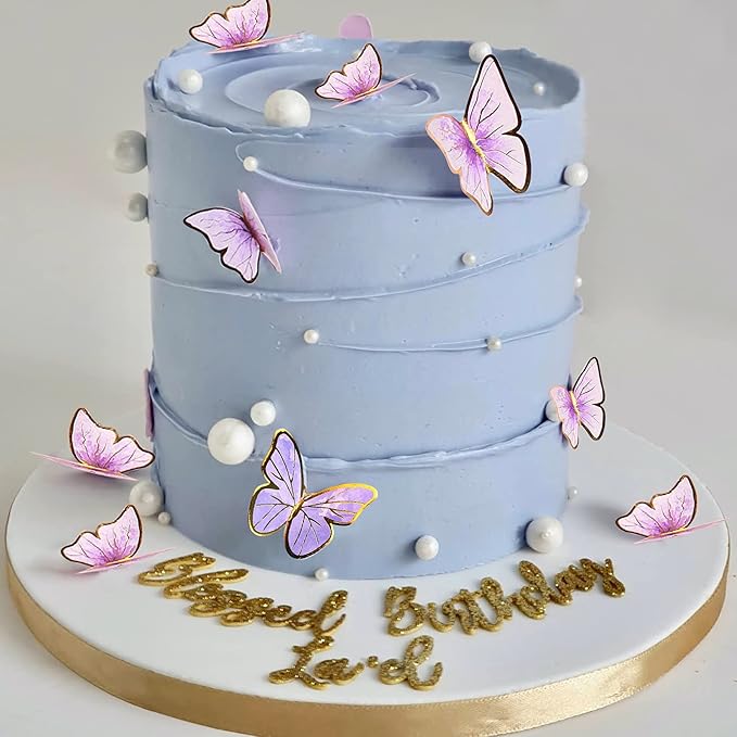 Set of 66 Pack Purple Gold Cupcake Toppers Mixed Size&Colour 3D Butterfly Cake Picks Decorations with Dot Glue and Support Stick for Girl Women Wedding Birthday Party Baby Shower Food Wall Decoration