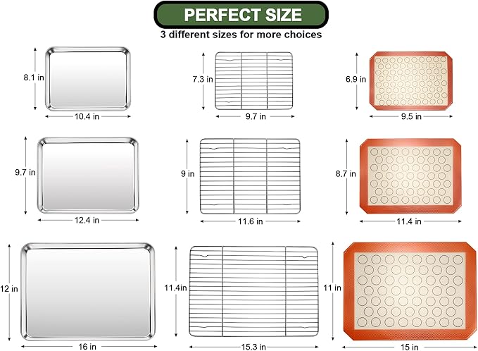 EWFEN Baking Set: Stainless Steel Sheet Pan with Cooling Rack & Silicone Mat Set, Multi-Size (3 Sheets + 3 Racks + 3 Mats), Warp Resistant & Heavy Duty, Easy Clean