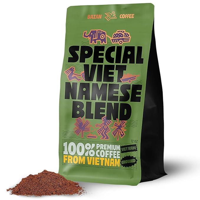 BAZAN COFFEE Vietnamese Special Blend - Ground Medium Roast, Fruity, Floral & Caramel Notes, Organic Robusta & Arabica, Natural 36H Fermentation, 12oz Bag
