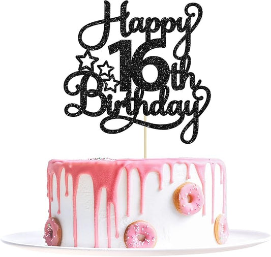 1 Pack Happy 16th Birthday Cake Topper Glitter Sweet 16 Cake Pick Decorations for Children Theme Party Supplies Black