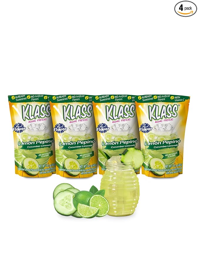 Klass Aguas Frescas | Drink Mix Cucumber Limeade | Flavors From Natural Sources, No Artificial Flavors, With Vitamin C (Makes 7 to 9 Quarts) 14.1 Oz Family Pack (4-Pack)