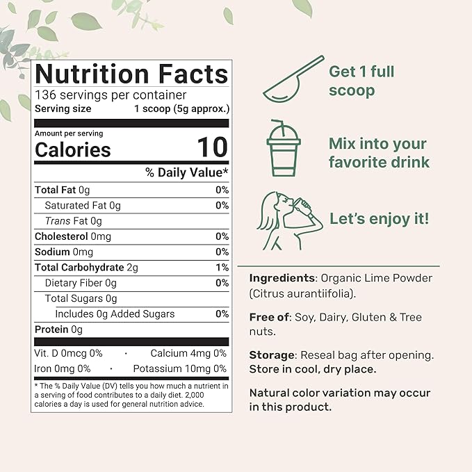 Organic Freeze-Dried Lime Powder, 1.5lbs | Raw Lime Juice Flavor, Sugar Free Drink Mix, Rich in Vitamin C | Water Flavor Enhancer, Great for Beverages & Smoothies | Additive Free, Non-GMO