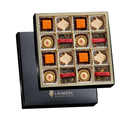 Le Cadeau Parfait Collection - Square Gourmet Gift Box (16 Treats) - Laumi챔re Gourmet Fruits - Vegan Healthy Dried Fruits & Nuts Gift Basket - No Added Cane Sugar Sweets