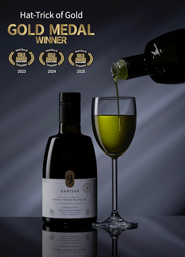 Garisar High In Polyphenol Premium Extra Virgin Olive Oil (>600 ppm), Low Acidity (max 0.2%), NYIOOC 2025 Gold Medal Winner, Organic Agriculture, Hand Picked, Cold Pressed, 100% Arbequina, Pack of 6