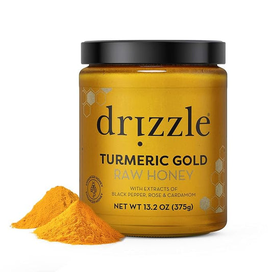Drizzle Turmeric Gold Raw Honey - All Natural Pure Raw Honey with Organic Turmeric, Unfiltered, Use in Tea, Golden Milk, & Coffee, Sugar Substitute, Certified Kosher - 13.2 oz Jar (375 g)