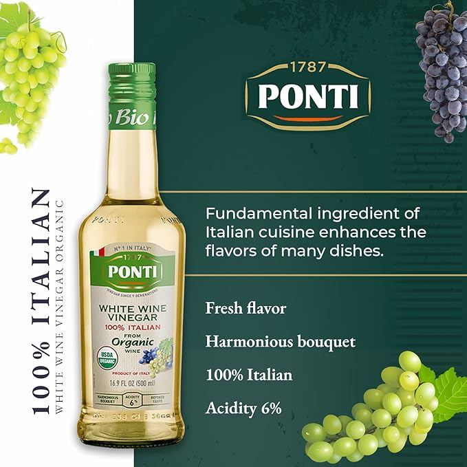1787 PONTI Organic 100% Italian White Wine Vinegar - Perfected Acidity Levels for Best Harmonic Aroma and Taste - Delicious with All types of Salads and Vegetables - Excellent for Marinades - 16.9 Fl.Oz