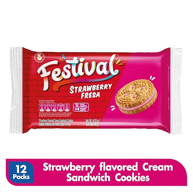 FESTIVAL Strawberry Cookies, Cream Strawberry Sandwich Cookies, Natural Dyes & Low Sodium, High Cream Content, 14.6 Oz (Pack of 3)